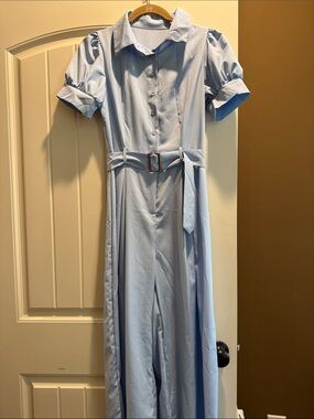 Light Blue Button-Front Wide Leg Jumpsuit with Belt
